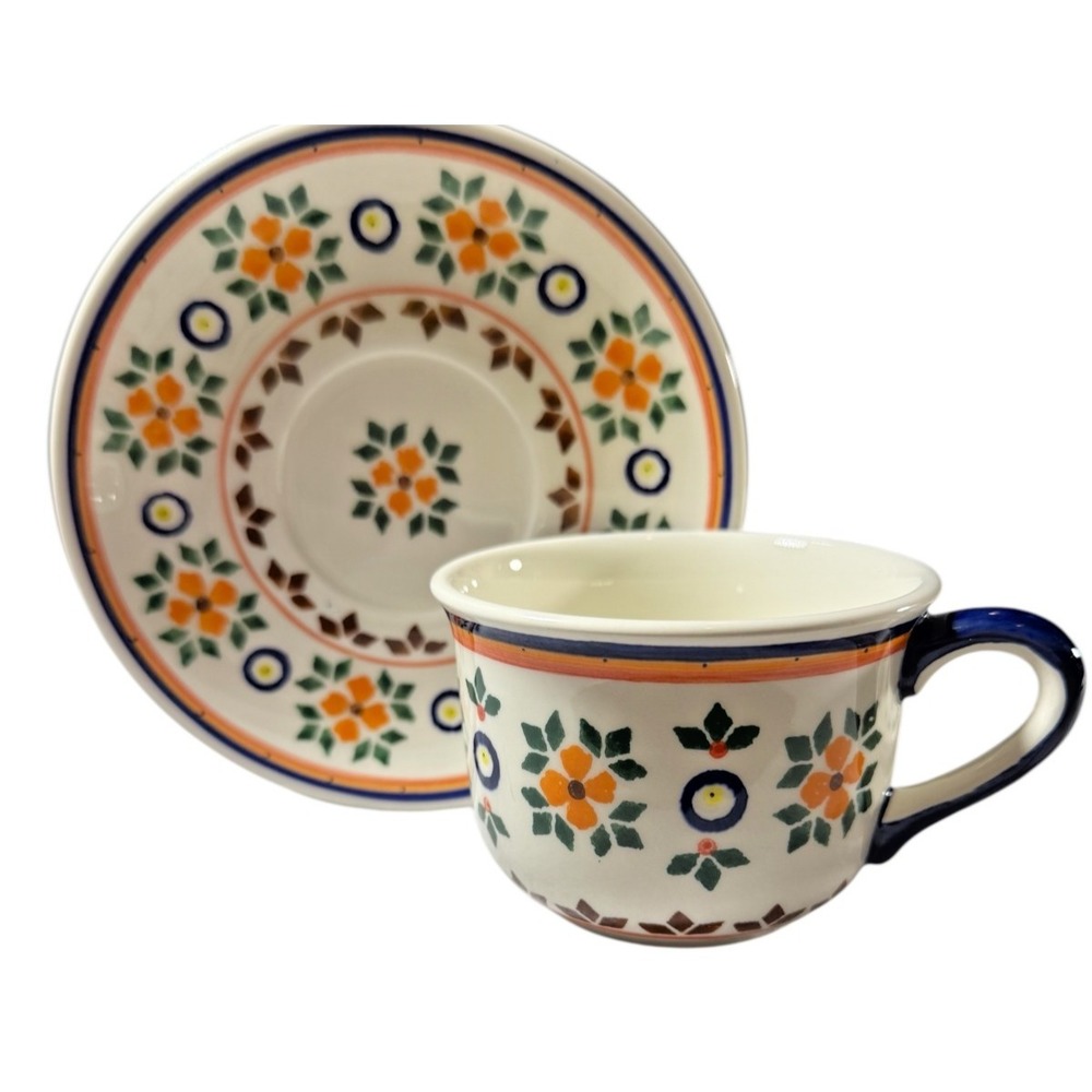 Vintage Polish Pottery Quilt Holiday Pattern Tea Cup & Saucer Signed & Stamped